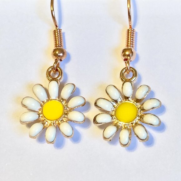 Daisy Flower Earrings Rose Gold Plated Enamel White Yellow Dangle Dainty - Picture 10 of 12